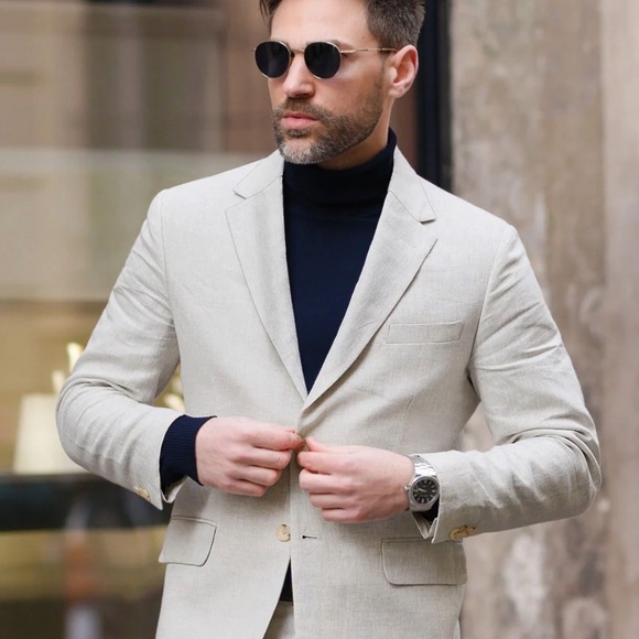 Slim Fit Tropical Beige Pure Linen Suit 40R Jacket 32/32 Pants | StudioSuits - Picture 3 of 16